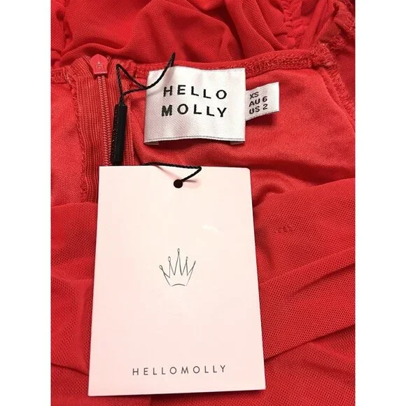 Hello Molly Women's Mini Dress Size 2‎ Red Ruched Tie Balloon L/S Tangy Bellini - Picture 4 of 16